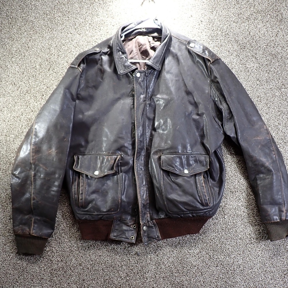 thrashed vtg Leather Bomber Jacket Mens XL Brown Flight Military Korea dean